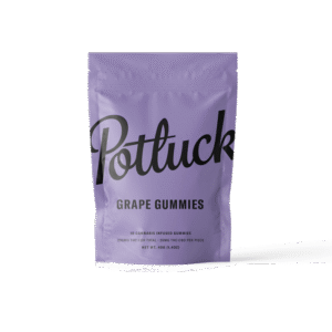 Potluck Grape THC Gummies in packaging with purple fruit design
