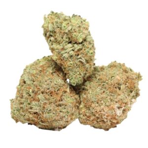 Romulan indica strain with dense buds, earthy aroma, and frosty trichomes